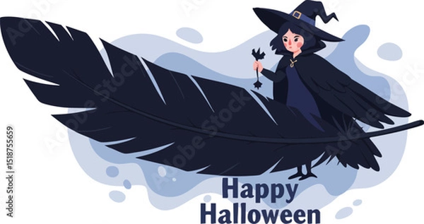 Fototapeta Witch flying on large black feather holding a pumpkin for Halloween celebration vector illustration 