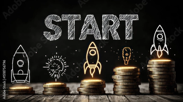 Fototapeta Crowdfunding and seed capital are essential for startup funding and finance growth shown by rocket icons stacked coins symbolizing progress.