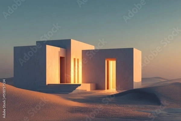 Fototapeta Modern architectural geometric building in a desert landscape with radiant light shining through doorways and window openings.