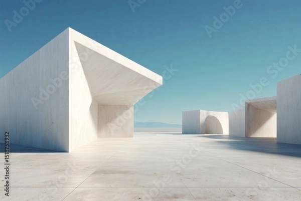 Fototapeta Abstract concrete structures under a clear blue sky create a serene and minimalist architectural landscape with modern design elements.