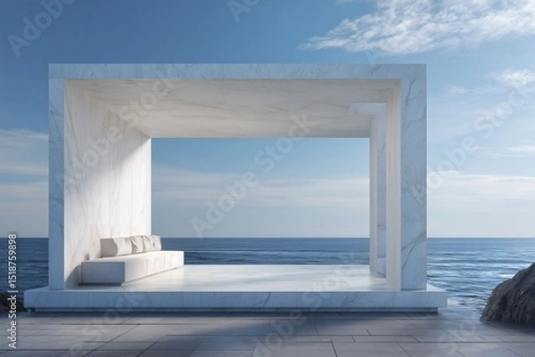 Fototapeta Minimalist marble structure with ocean view, featuring a sleek platform and cushioned seating, offering a serene architectural space.