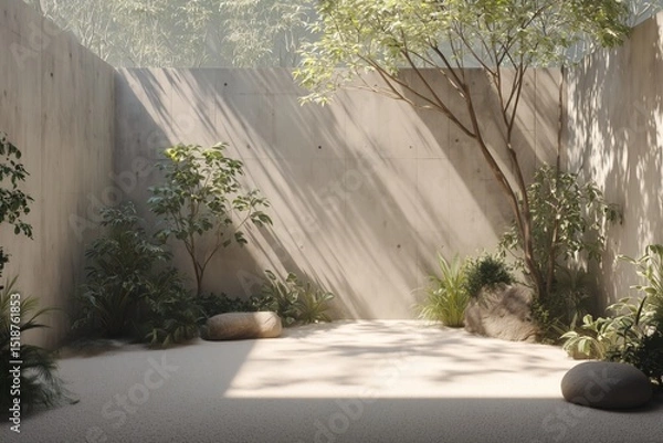 Fototapeta Minimalist Zen Garden: A serene space of concrete walls, soft sand, green plants, and dappled sunlight creates tranquility and calmness.