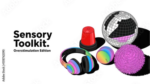 Fototapeta Colorful headphones, a disco ball, a red flashing light, and a spiky ball arranged on a transparent background, creating a sensory toolkit for managing overstimulation