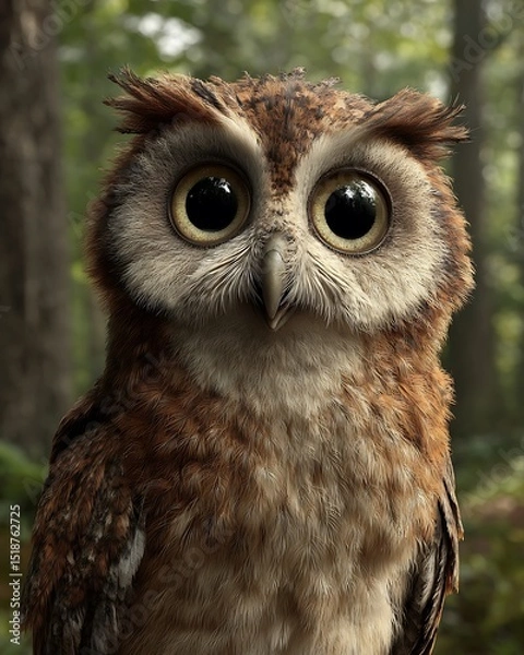 Fototapeta Owl with wide eyes startled by a loud sound, captured in surprise