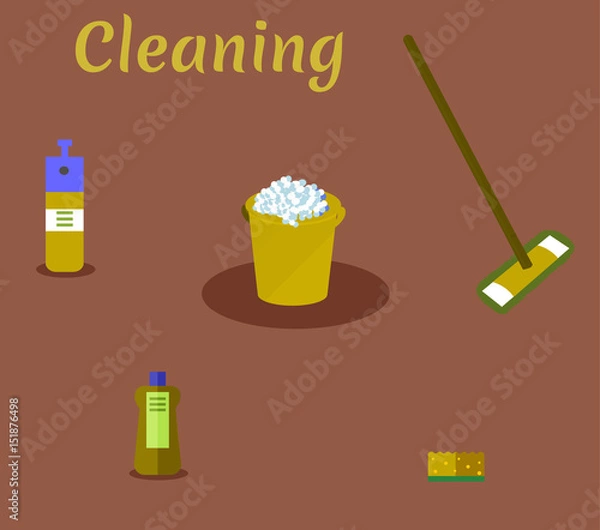Fototapeta Tools for housekeeping: a mustard bucket with soapy foam, MOP with handle and cloth, bottle of detergent with a blue cover, spray and sponge. Vector illustration. Cleaning