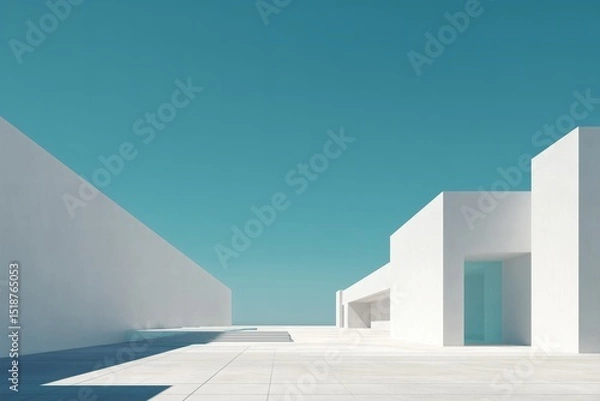 Fototapeta Clean, contemporary architecture showcasing white geometric structures against a bright blue sky, emphasizing minimalist design and sharp lines.