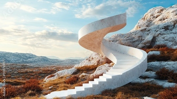 Obraz Spiral Staircase of White Stone in Dry Landscape 