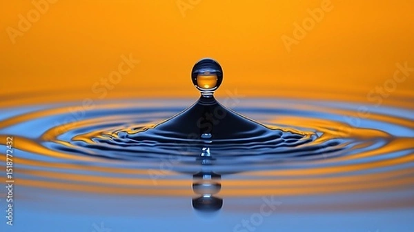 Fototapeta Water droplet splashing, creating ripples in blue-orange gradient