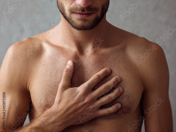 Fototapeta Man holding chest with hand showing discomfort or pain, close up of bare torso and beard, health and wellness concept