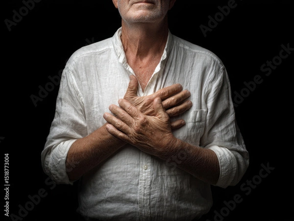 Fototapeta Elderly man in white shirt holding chest with both hands showing pain and discomfort in dark background