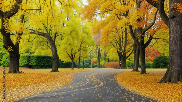 Fototapeta Autumn Park. A road running into the distance. Beautiful landscape. AI generation.