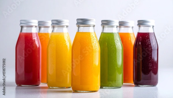 Fototapeta Fresh colorful juice bottles against a white background.