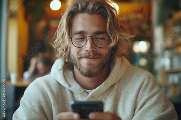 Fototapeta Relaxed young man engrossed in mobile device in cafe