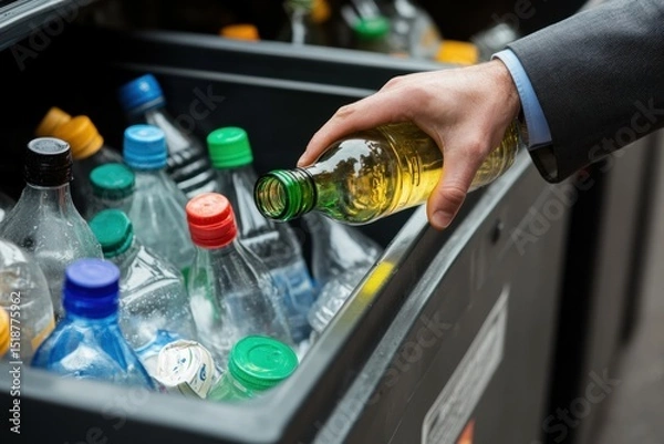 Fototapeta Recycling plastic bottles.  A person places a bottle into a recycling bin