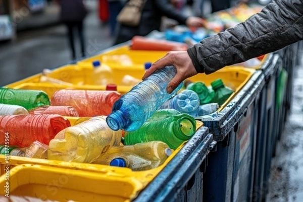 Fototapeta Recycling plastic bottles in a public area.  A person sorts and places plastic bottles into a recycling bin
