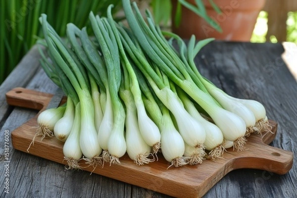 Fototapeta Fresh spring onions on a wooden cutting board