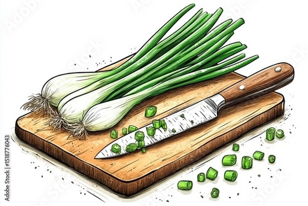 Fototapeta Fresh green onions on a wooden cutting board with a knife and chopped pieces