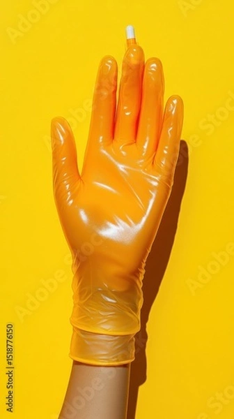 Fototapeta Bright orange protective glove, on a yellow background, with a white substance on a fingertip