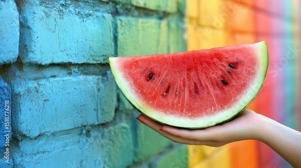 Fototapeta Fresh watermelon slice held against a vibrant colorful wall