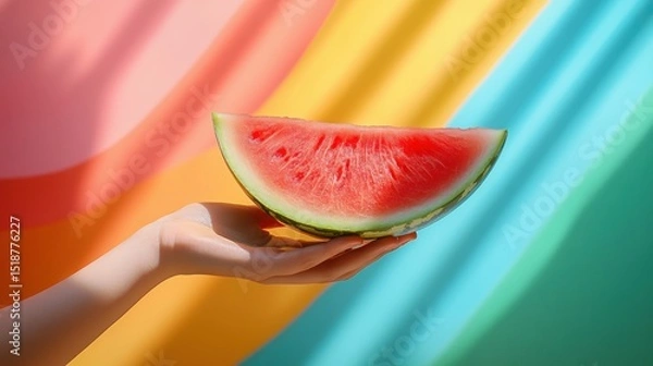 Fototapeta Hand holding a watermelon slice against a colorful background