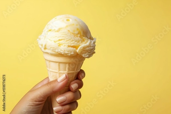 Fototapeta Hand holding a waffle cone with a scoop of creamy, light yellow ice cream against a vibrant yellow backdrop