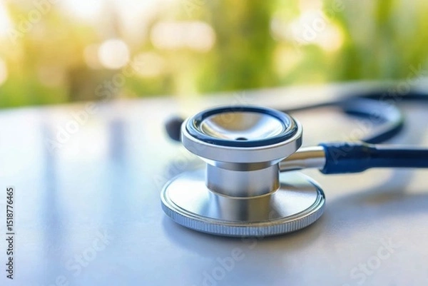Fototapeta Medical stethoscope on a surface,  ready for use.  A close-up view of the instrument, highlighting its metallic finish and dark blue tubing. 