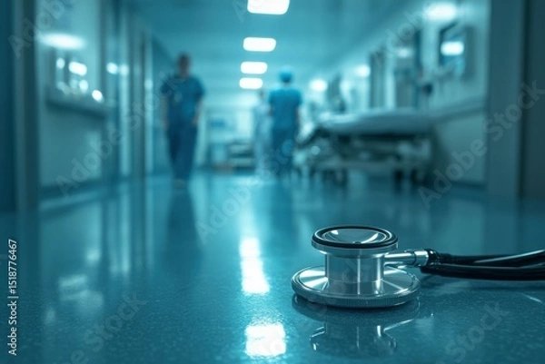 Fototapeta Hospital hallway with medical equipment.  Blurred figures of medical professionals walking, with a stethoscope on the floor