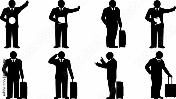 Fototapeta Silhouette illustrations of business travelers with luggage in various poses and gestures |eps vectors set