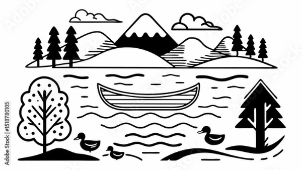 Fototapeta A scenic landscape featuring mountains, trees, a lake with a boat, and ducks in a minimalist black and white style |eps vectors set silhouette