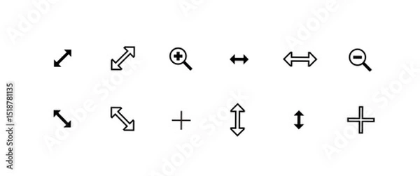 Fototapeta d Move Cursor Icon Set – Minimal Line UI/UX Pointers for Object Resizing, Directional Movement, Pan, and Zoom In/Out Tools