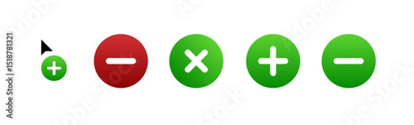 Fototapeta A modern icon set featuring essential UI action buttons: add, remove, close, and confirm. Each icon is placed in a clean circular shape with bold color feedback (green for confirm/add, red for remove)
