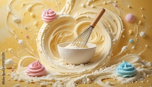 Fototapeta a white bowl with a whisk surrounded by swirling, creamy batter, adorned with colorful meringues and sprinkles on a yellow background, evoking a sense of baking and sweetness.