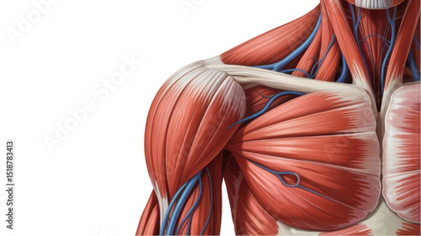 Fototapeta Highly detailed 3d rendering of human muscular system showing pectoral muscles and deltoid with transparent background, perfect for medical illustrations and educational purposes