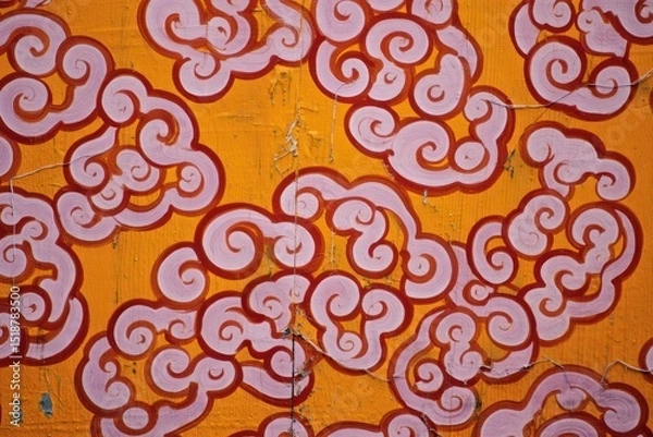 Obraz Close-up of an orange surface decorated with intricate repetitive pink and red swirling cloud-like patterns with peeling and aging texture