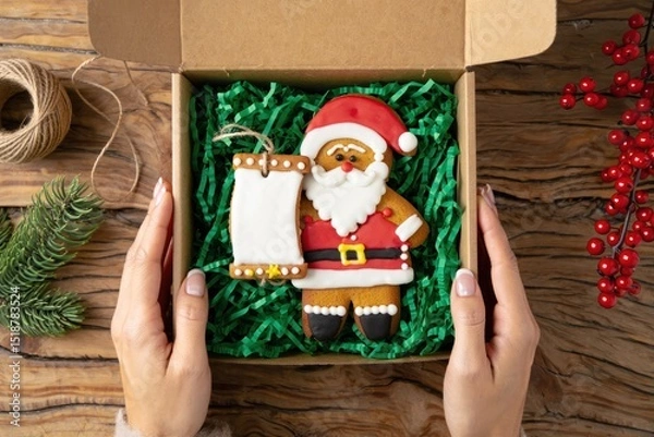 Obraz Hands holding open cardboard gift box with festive gingerbread cookie shaped like Santa Claus holding blank scroll on green paper filler on rustic wooden table with evergreen and red berries