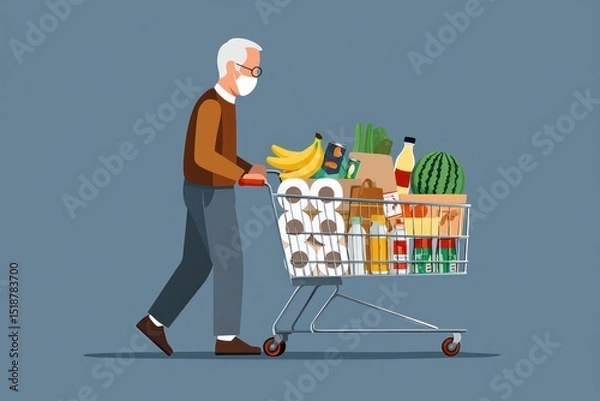 Obraz elderly man wearing face mask pushing shopping cart filled with groceries including bananas, watermelon, beverages, toilet paper, and vegetables against plain background