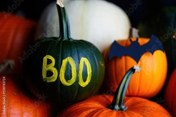 Obraz Close-up of various pumpkins including a green one with the word BOO painted in yellow and an orange pumpkin decorated with a black paper bat in a festive autumn setting