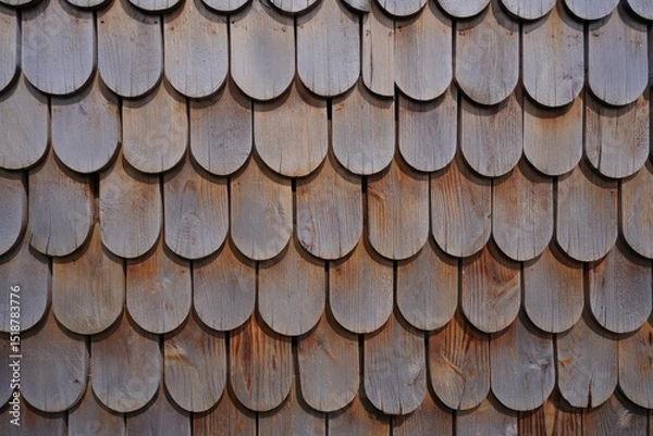 Obraz Close-up view of overlapping wooden shingles with rounded bottom edges creating a textured and weathered pattern