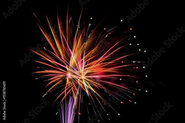 Fototapeta Colorful fireworks exploding in the night sky with bright red, orange, purple, and green streaks creating a festive and celebratory atmosphere