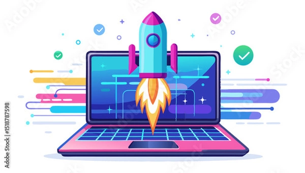 Fototapeta A vibrant illustration of a rocket launching from a laptop screen, surrounded by colorful abstract lines and checkmarks, symbolizing fast performance, startup, or quick digital solutions.