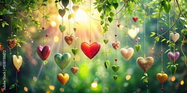 Fototapeta Sunlit Garden with Hanging Hearts A Charming Display of Colorful, Ornate Heart Decorations Suspended from Lush Green Branches
