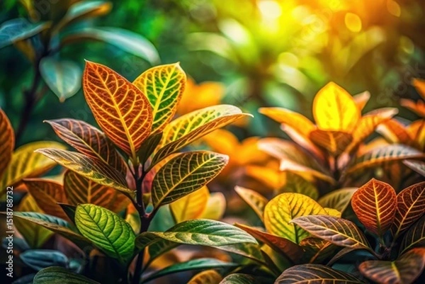 Fototapeta Vibrant foliage bathed in warm sunlight, showcasing intricate leaf veins and a spectrum of autumnal hues, creating a stunning natural backdrop