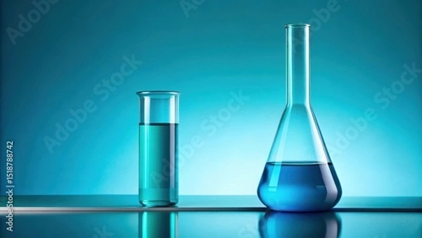 Fototapeta A close-up view of laboratory glassware containing a vibrant azure liquid against a serene blue backdrop.