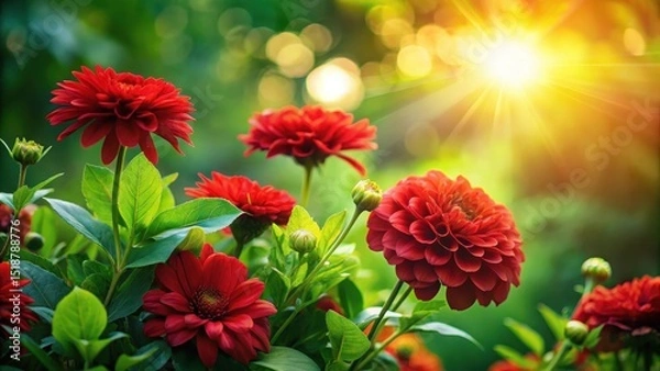Fototapeta Vibrant Red Dahlias Basking in Golden Sunlight, a Summer Garden Scene of Lush Greenery and Blossoms