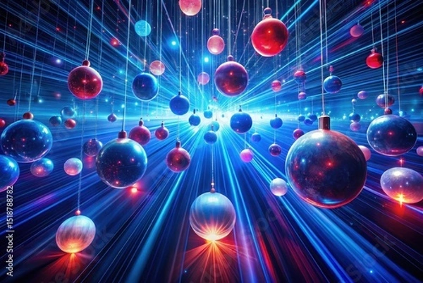 Fototapeta A Festive Display of Ornamental Spheres Suspended in a Dynamic, Radiant Light Show Featuring Vivid Hues and Glowing Accents