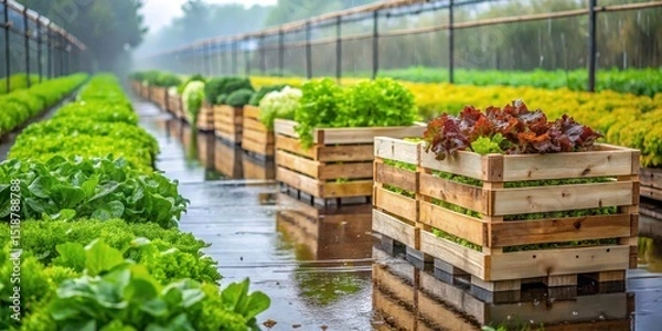 Fototapeta Rows of vibrant leafy greens flourishing under a gentle rain in a modern agricultural setting