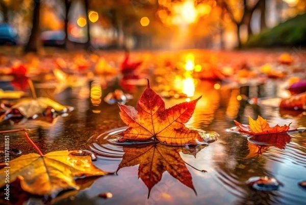 Fototapeta Autumnal Leaf Floating on a Puddle's Surface at Sunset, Reflecting Warm Colors and the Season's Tranquility