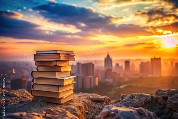 Fototapeta A Stack of Books at Sunrise Over a Distant City Skyline, a Symbol of Knowledge and Urban Development