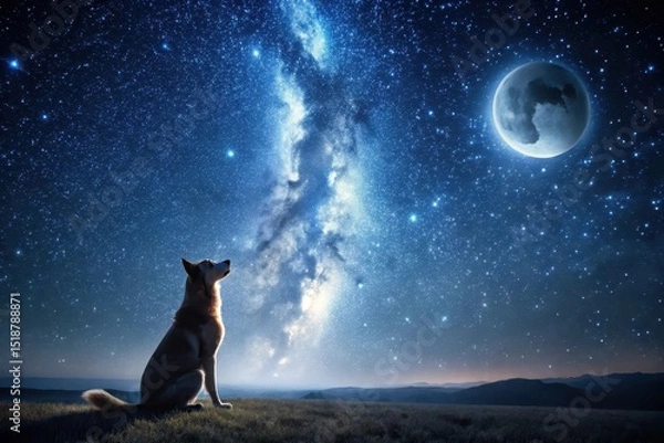 Fototapeta A Loyal Canine Companion Gazes at the Celestial Wonders of a Starry Night Sky, Illuminated by a Radiant Moon