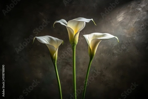 Fototapeta Elegant trio of white calla lilies against a dark textured backdrop, illuminated by a soft light source creating a serene and sophisticated ambiance.